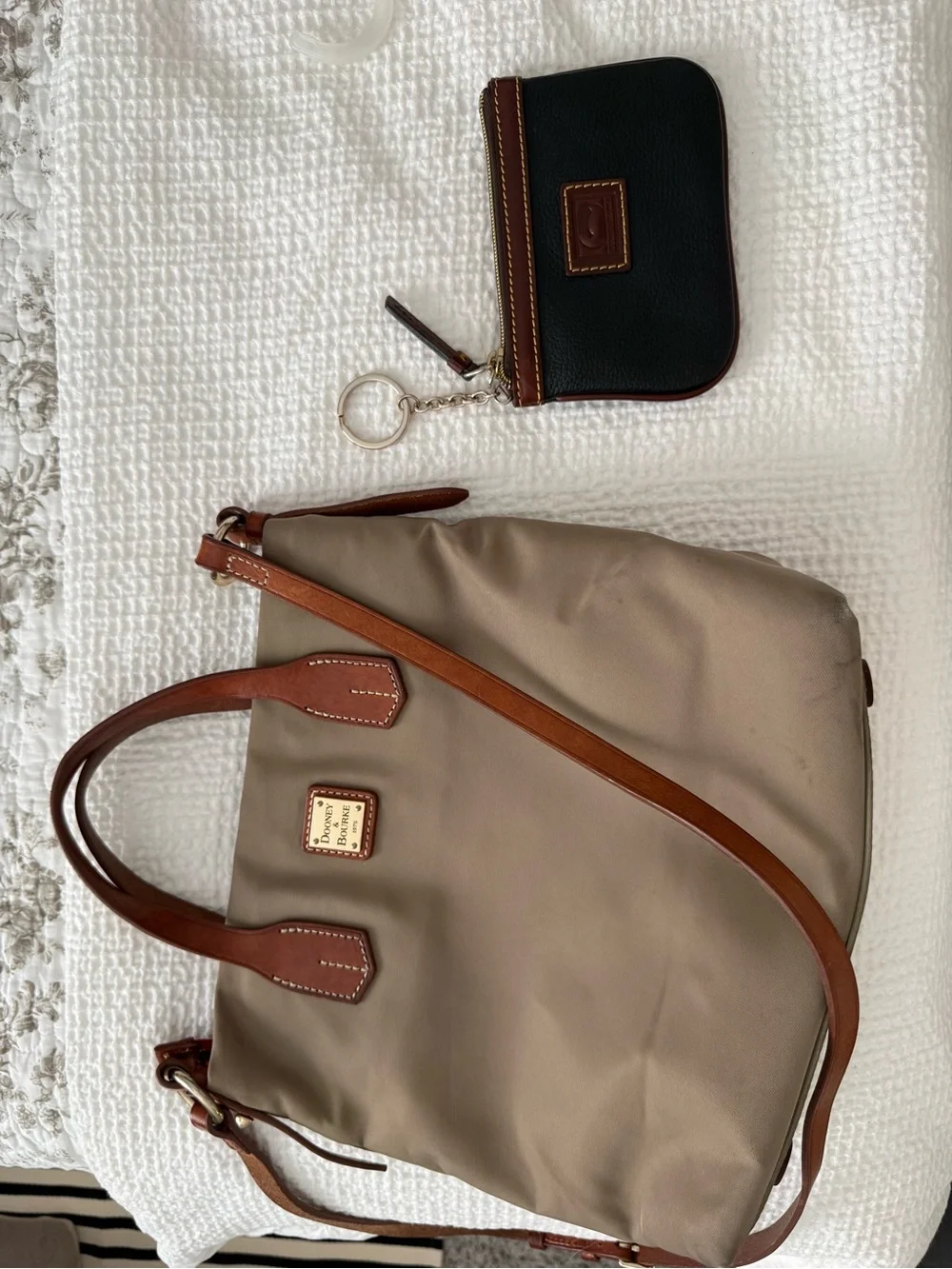 Dooney & Bourke Taupe and Brown Interior Tote with Red Zip Accents